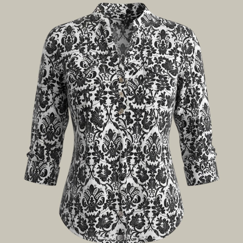 New Directions Black White Damask Flocked Print 3/4 Sleeve Blouse Top Medium
